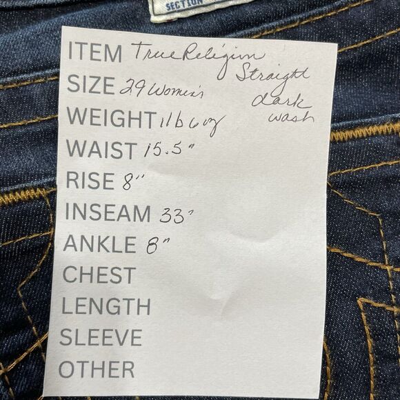 True Religion Jeans Women’s 29 Dark Wash Blue Denim STRAIGHT World Tour Stretch - Picture 10 of 10